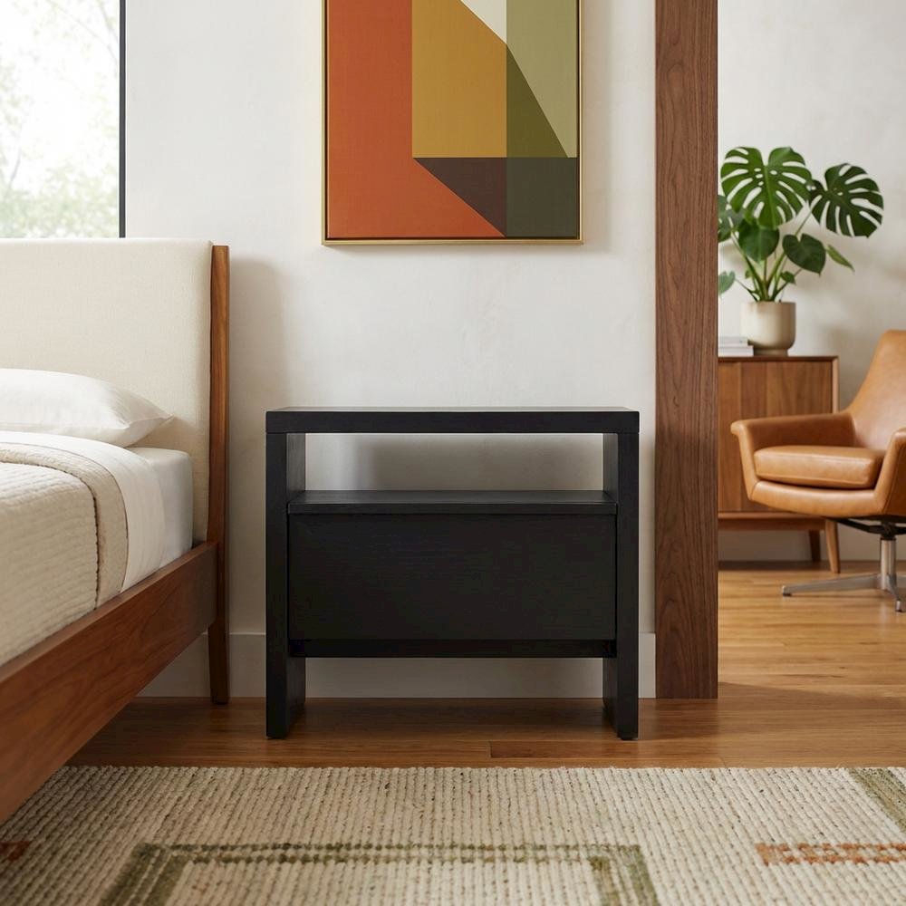 Contemporary Black Nightstand with Mahogany Solid & Oak Veneer Finish. Picture 3