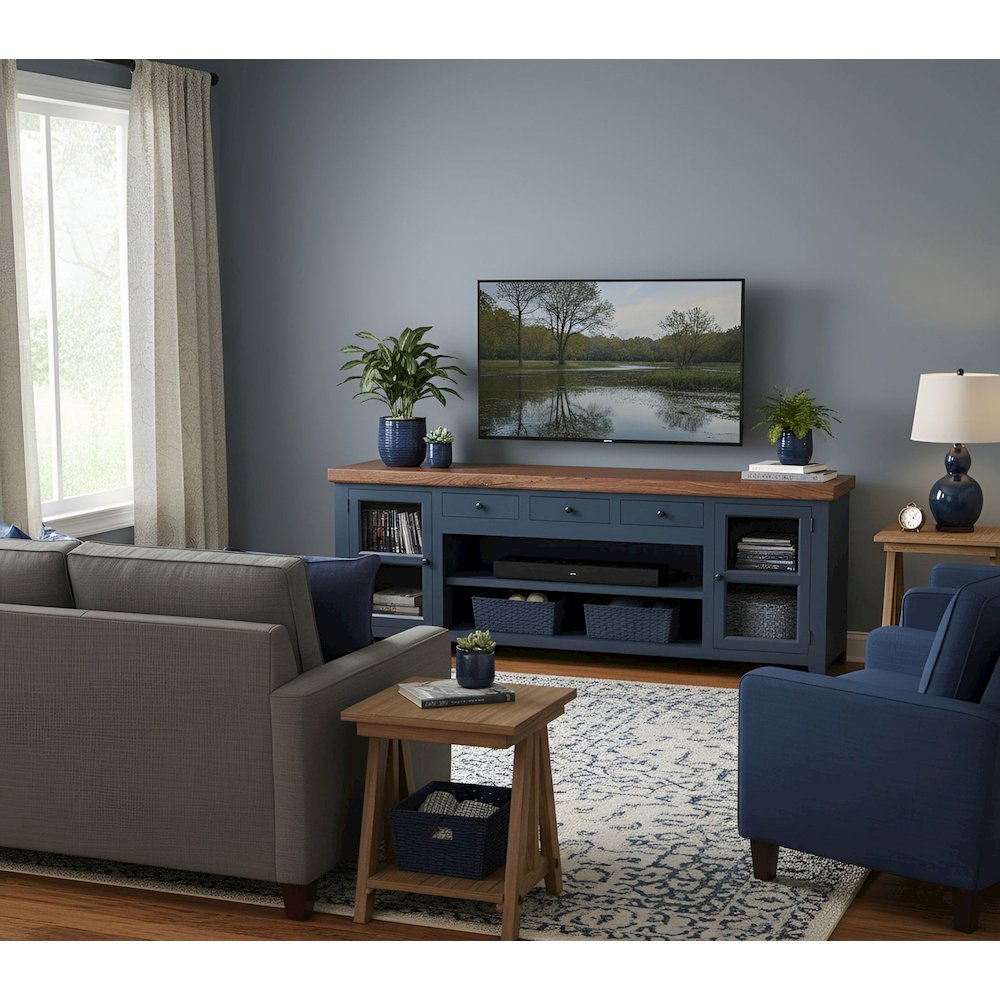 Transitional Harbor Bay TV Console, Midnight Blue with Walnut Top. Picture 2