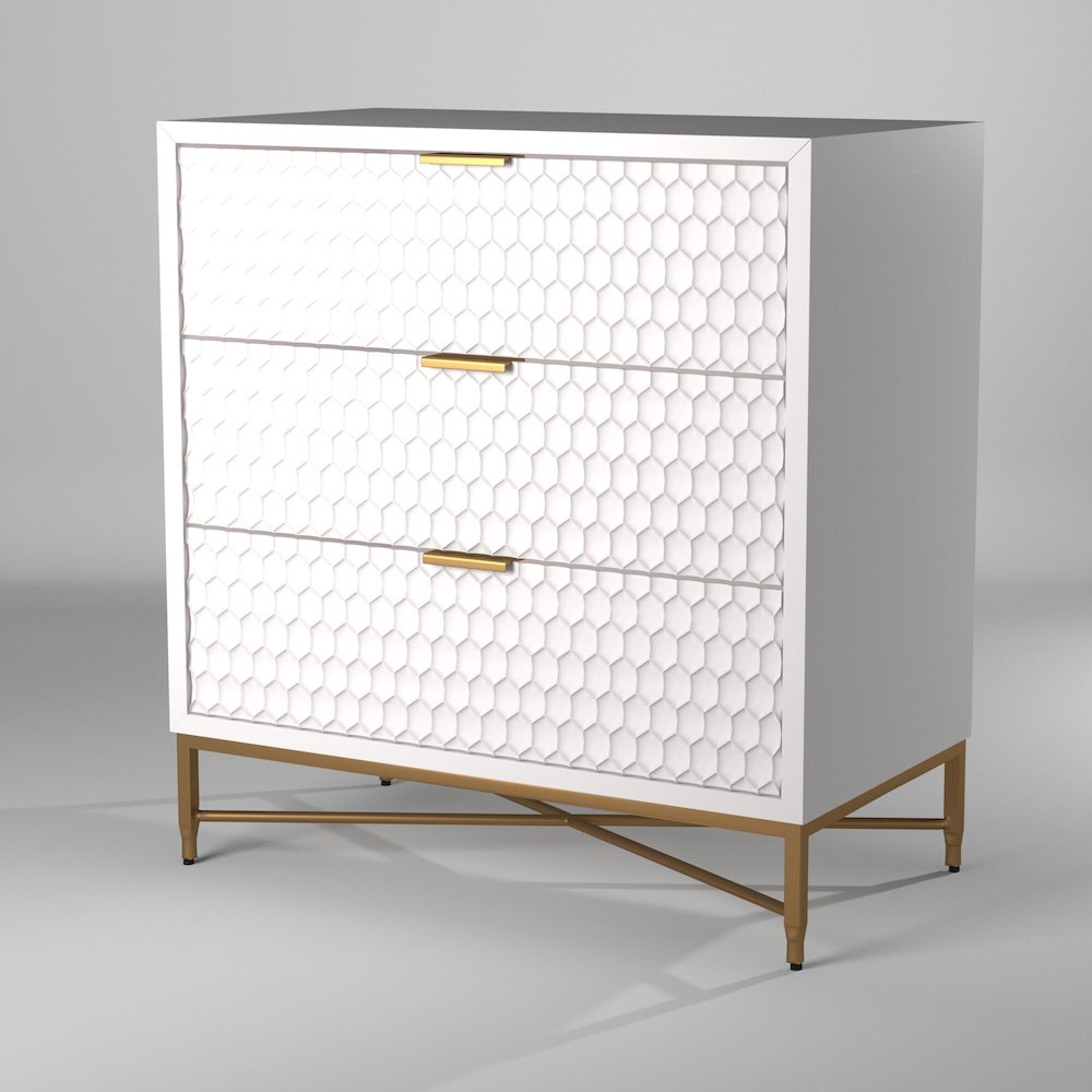 White Small 3-Drawer Chest with Gold Accent Legs and Textured Drawers. Picture 5