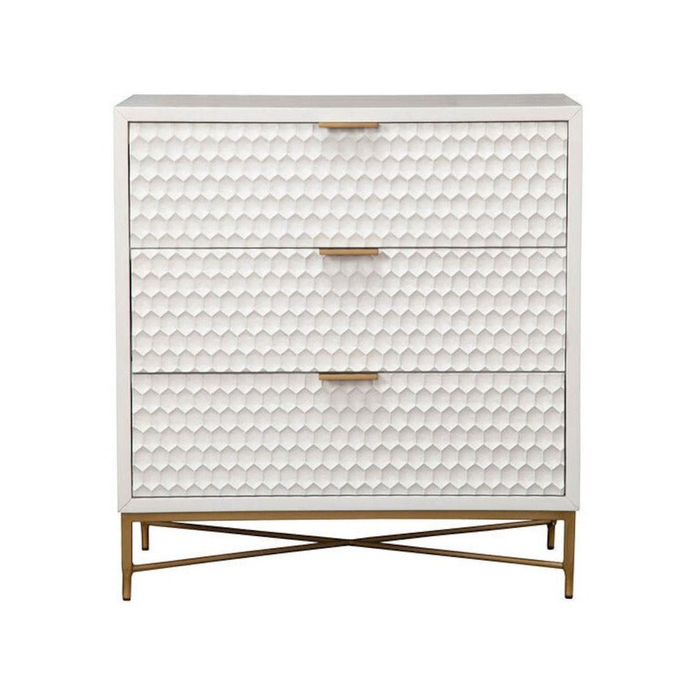 White Small 3-Drawer Chest with Gold Accent Legs and Textured Drawers. Picture 1