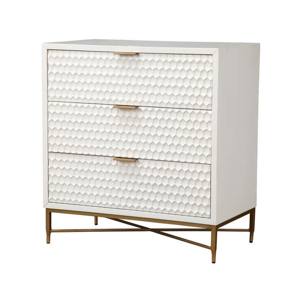 White Small 3-Drawer Chest with Gold Accent Legs and Textured Drawers. Picture 3