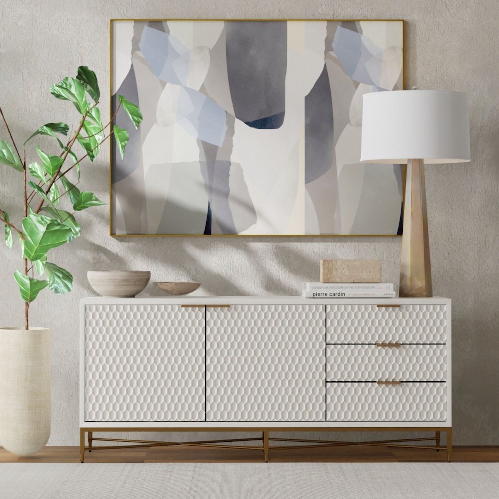 Contemporary White Pearl TV Console, White. Picture 2
