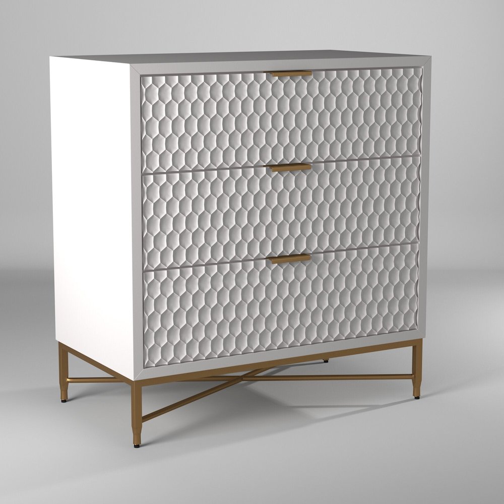 White Small 3-Drawer Chest with Gold Accent Legs and Textured Drawers. Picture 4