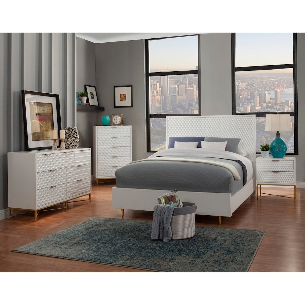 Contemporary White Pearl Standard King Panel Bed, White. Picture 8