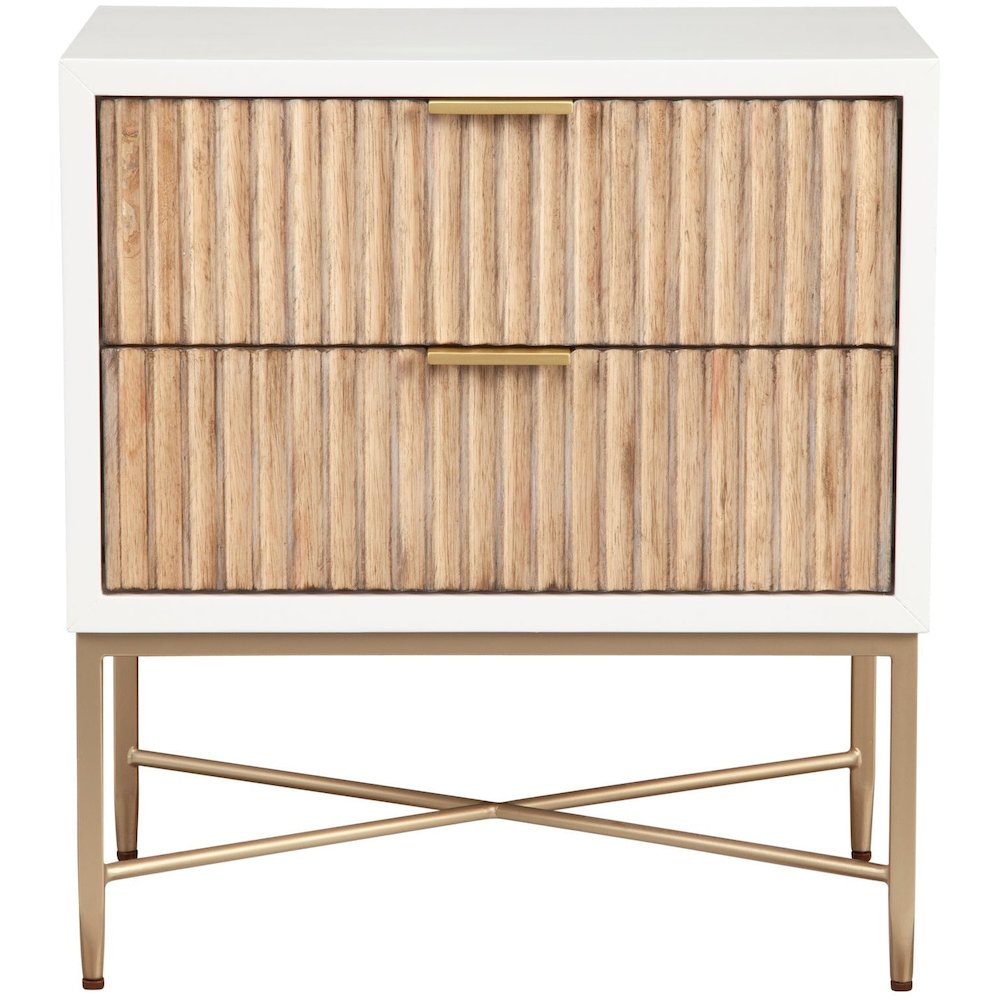 White Fluted Nightstand 2 Drawers Gold Accent Legs. Picture 2