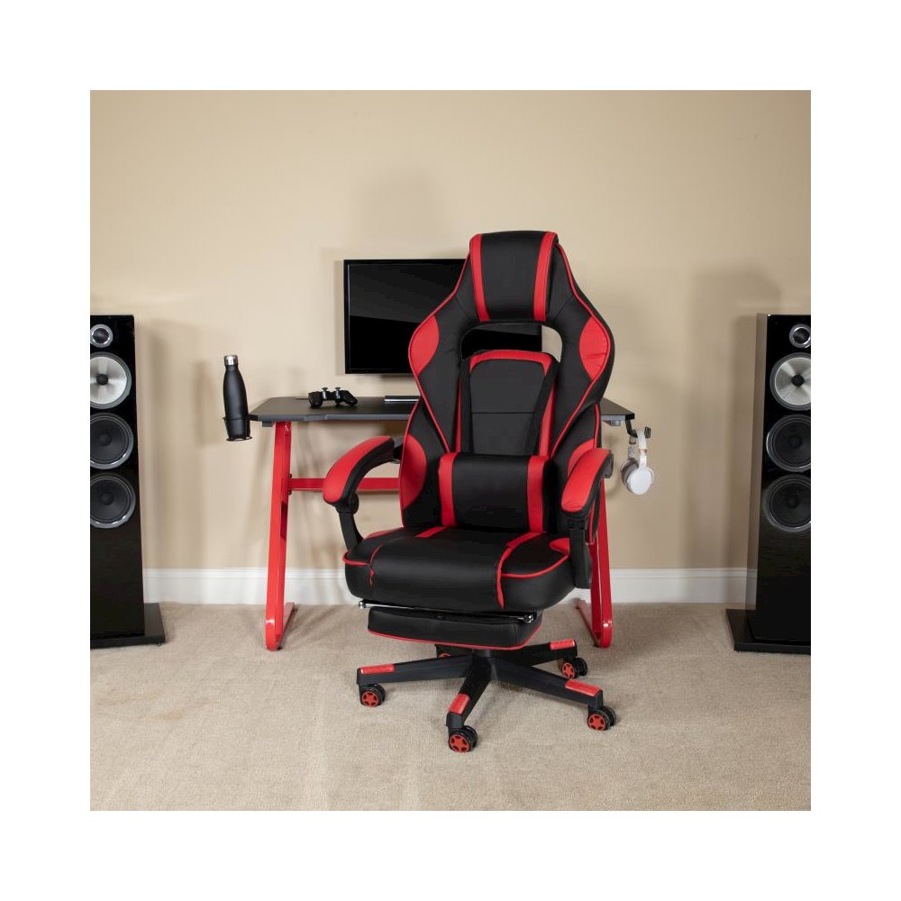 Red Gaming Desk with Cup Holder/Headphone Hook & Red Reclining Back/Arms Gaming Chair with Footrest. Picture 2