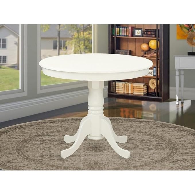 ANT-LWH-TP Antique Dining Room Table - a Round kitchen Table Top with Pedestal Base, 36x36 Inch, Linen White. Picture 2