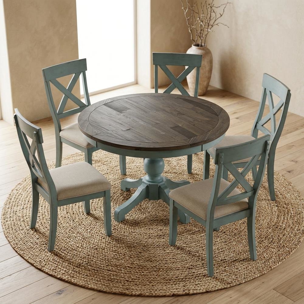 Round Dining Table Set with Cross-Back Chairs, Stylish and Durable. Picture 5
