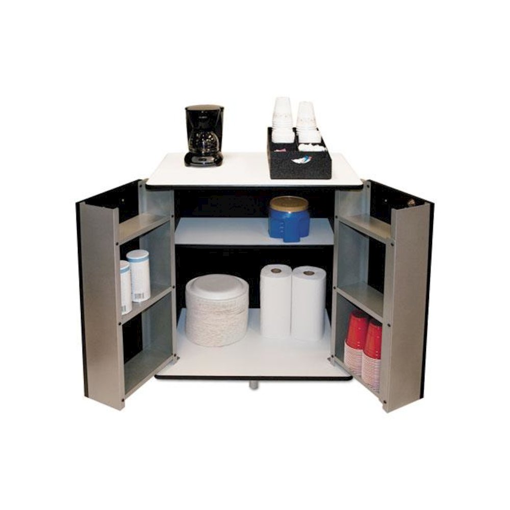 Refreshment Stand, Engineered Wood, 9 Shelves, 29.5" x 21" x 33", White/Black. Picture 1