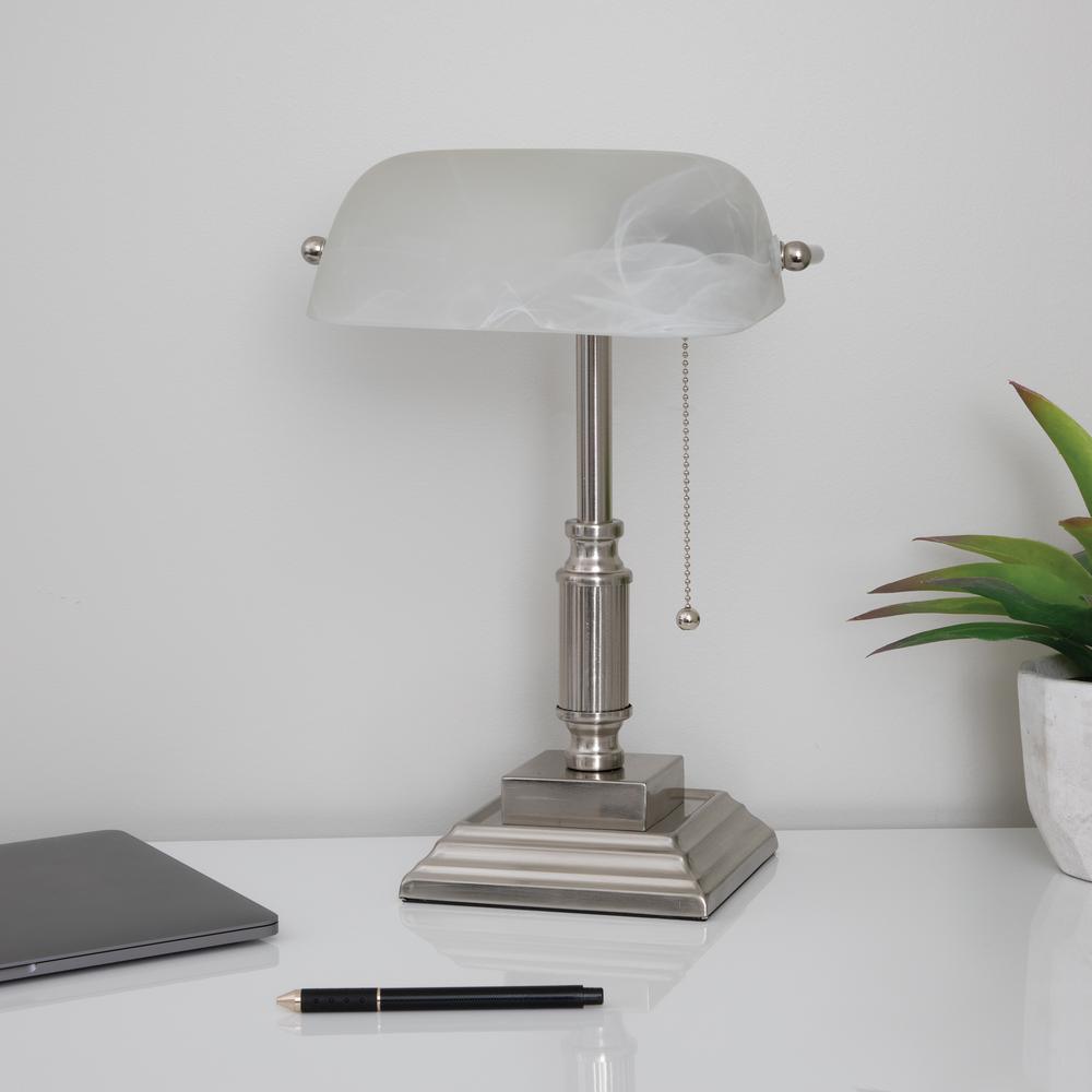 V-Light 14.8 inch Brushed Nickel LED Bankers Lamp with Frosted Shade. Picture 1