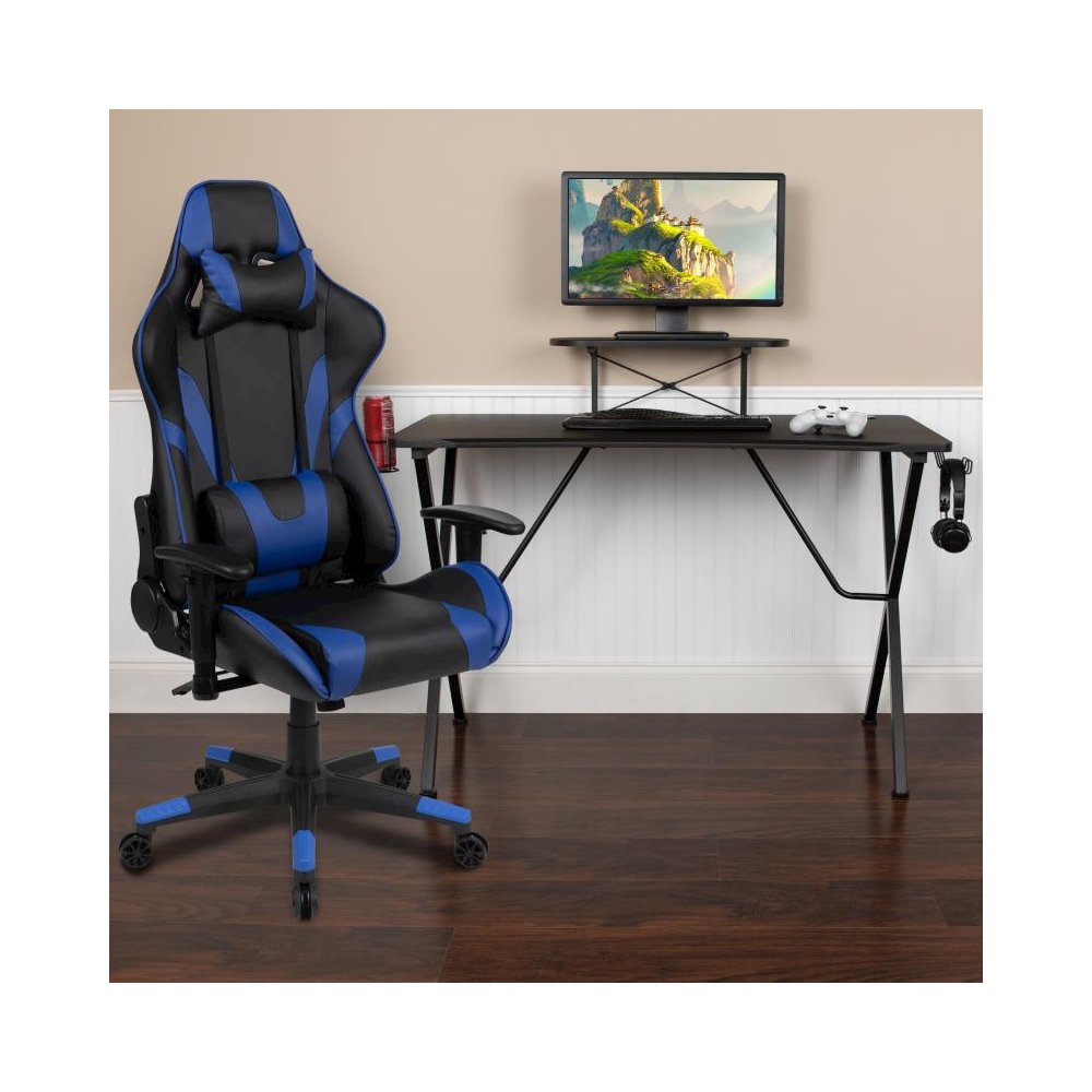 Black Gaming Desk and Blue Reclining Gaming Chair Set with Cup Holder, Headphone Hook, and Monitor/Smartphone Stand. Picture 2