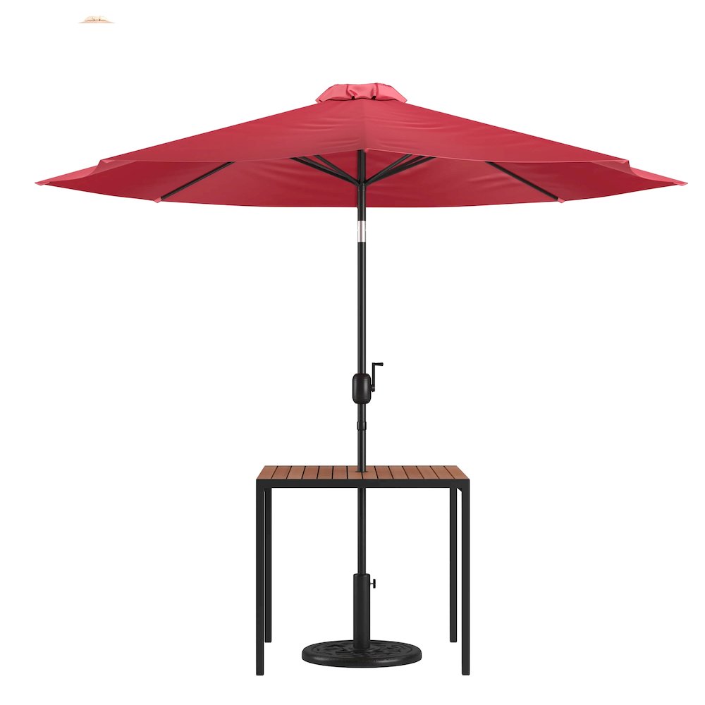 3 Piece Outdoor Patio Table Set - 35" Square Synthetic Teak Patio Table with Red Umbrella and Base. Picture 1