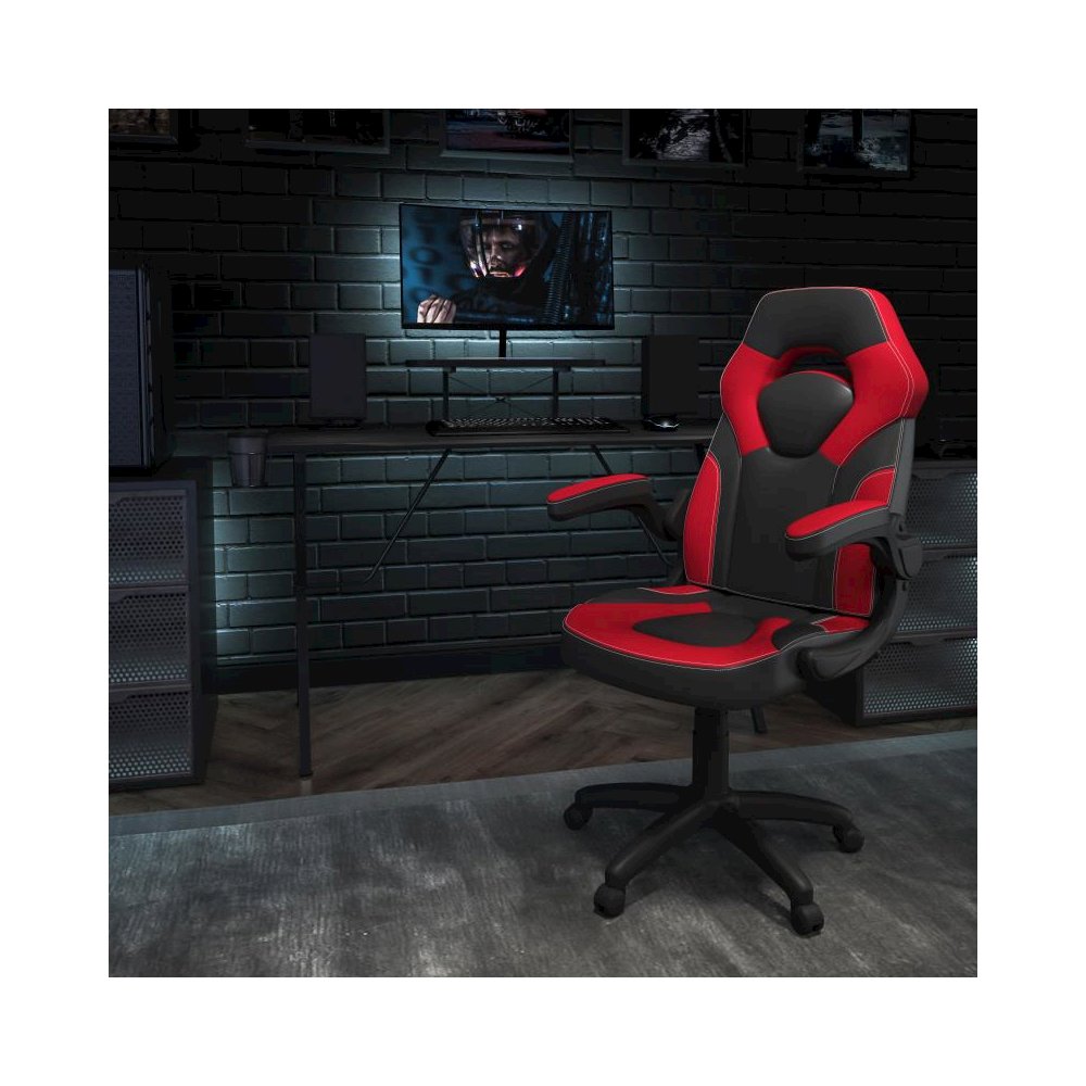 Black Gaming Desk and Red/Black Racing Chair Set with Cup Holder, Headphone Hook, and Monitor/Smartphone Stand. Picture 2