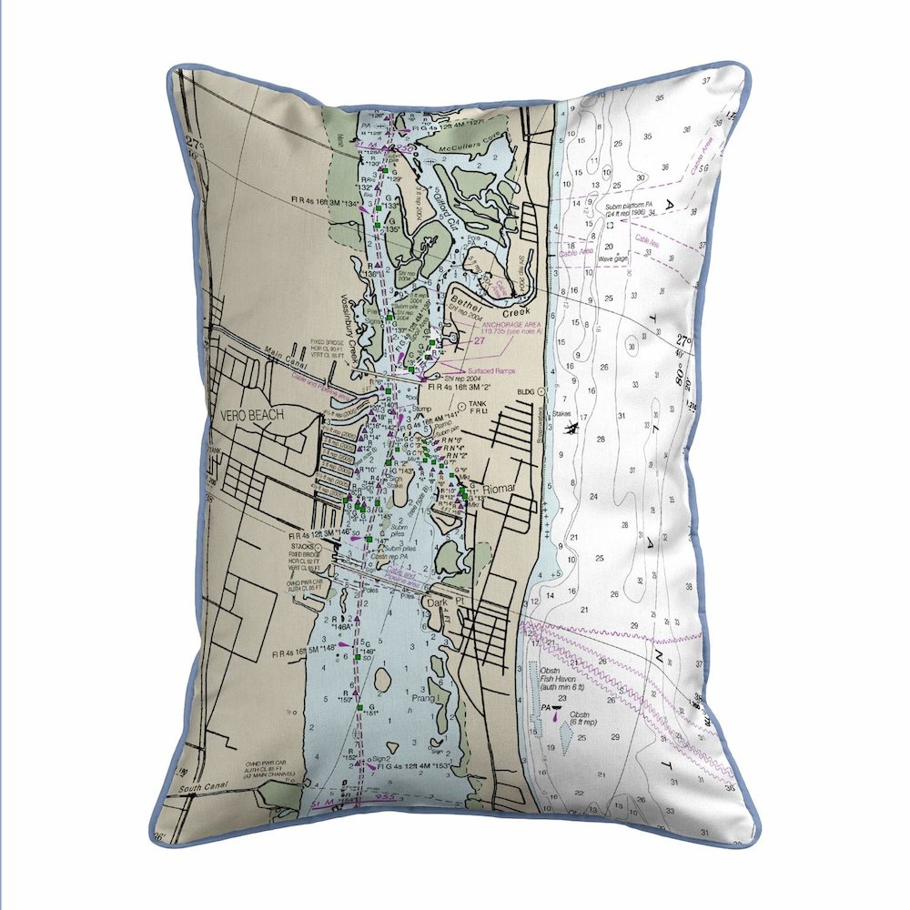 Vero Beach, FL Nautical Map Extra Large Zippered Indoor/Outdoor Pillow 20x24. Picture 1