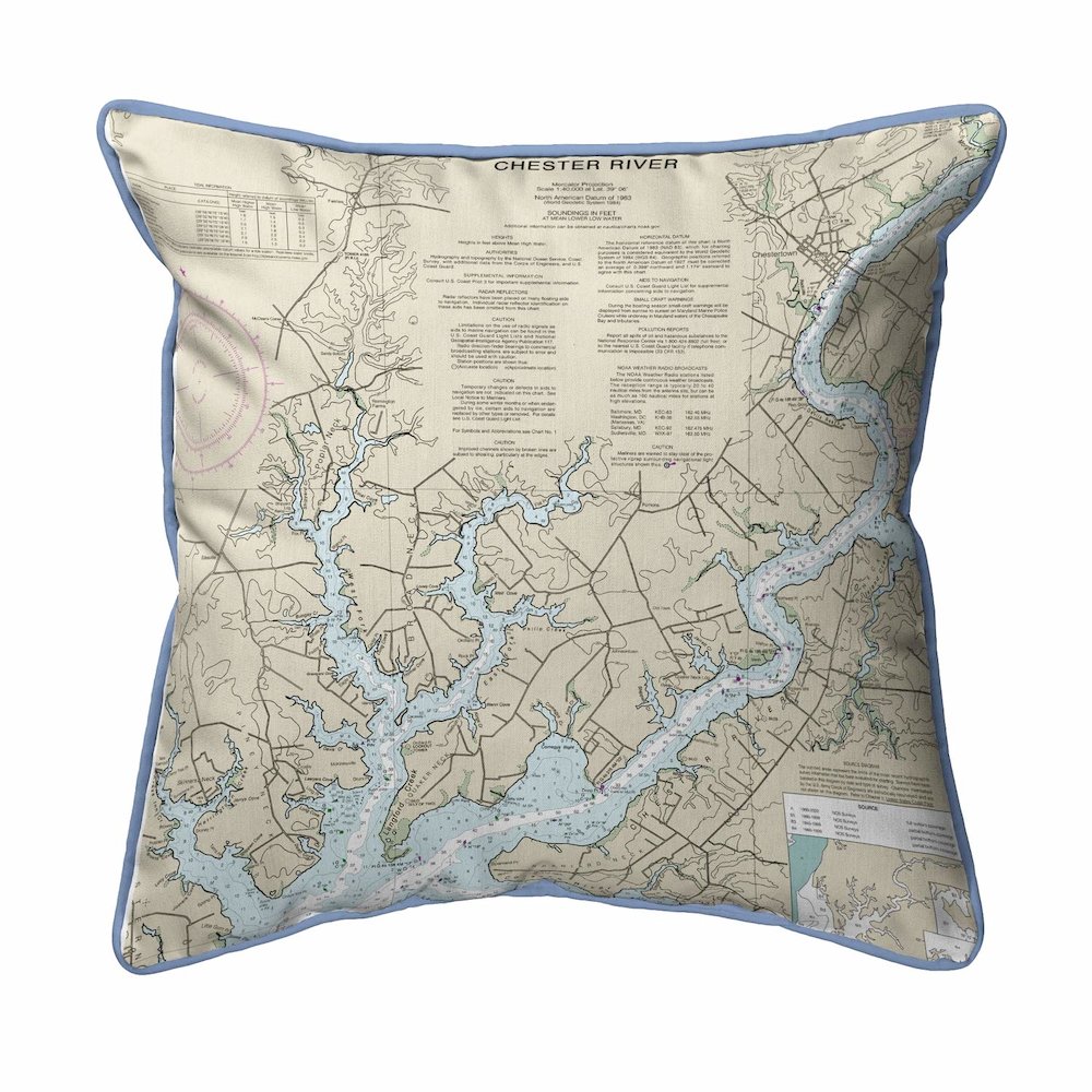 Chester River, MD Nautical Map Extra Large Zippered Indoor/Outdoor Pillow 22x22. Picture 1