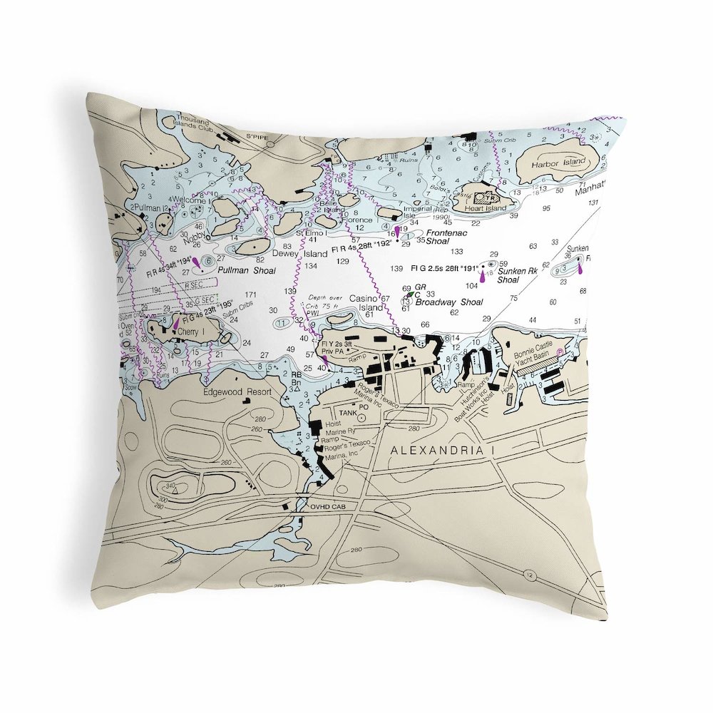 Alexandria Bay, NY Nautical Map Noncorded Indoor/Outdoor Pillow 18x18. Picture 1