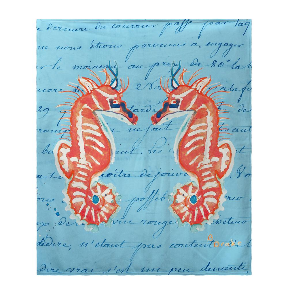 Sea Horse Blue Script Fleece Throw. Picture 1