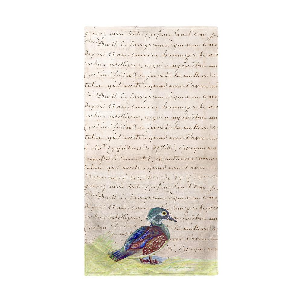Female Wood Duck Beige Script Beach Towel. Picture 1