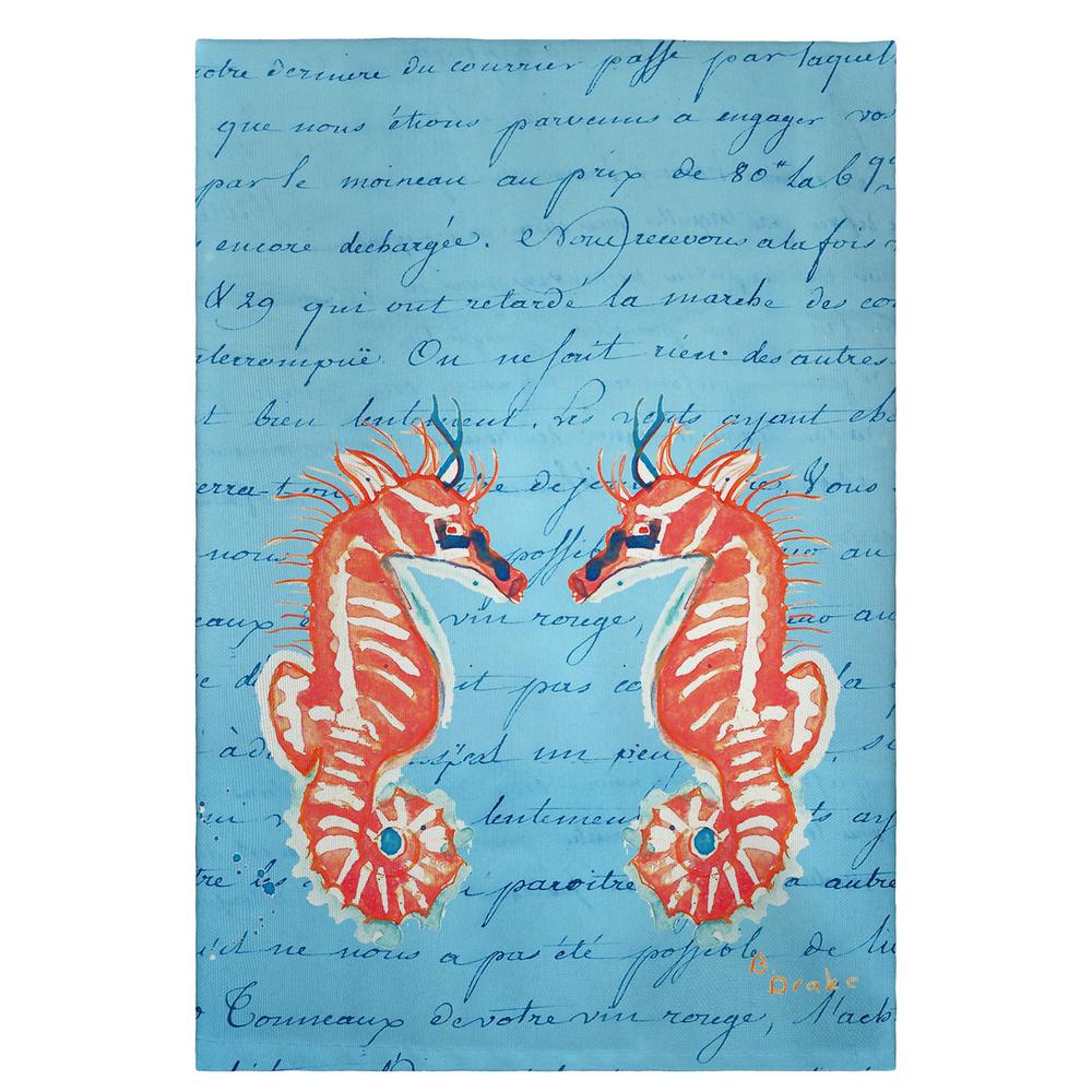 Coral Sea Horses Blue Script Guest Towel. Picture 1