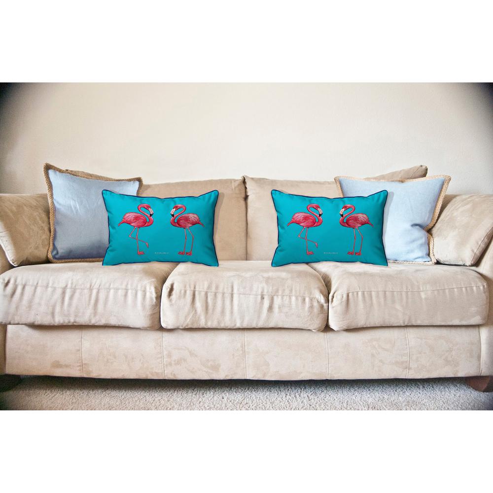 Flamingos on Teal Large Corded Indoor/Outdoor Pillow 16x20. Picture 3