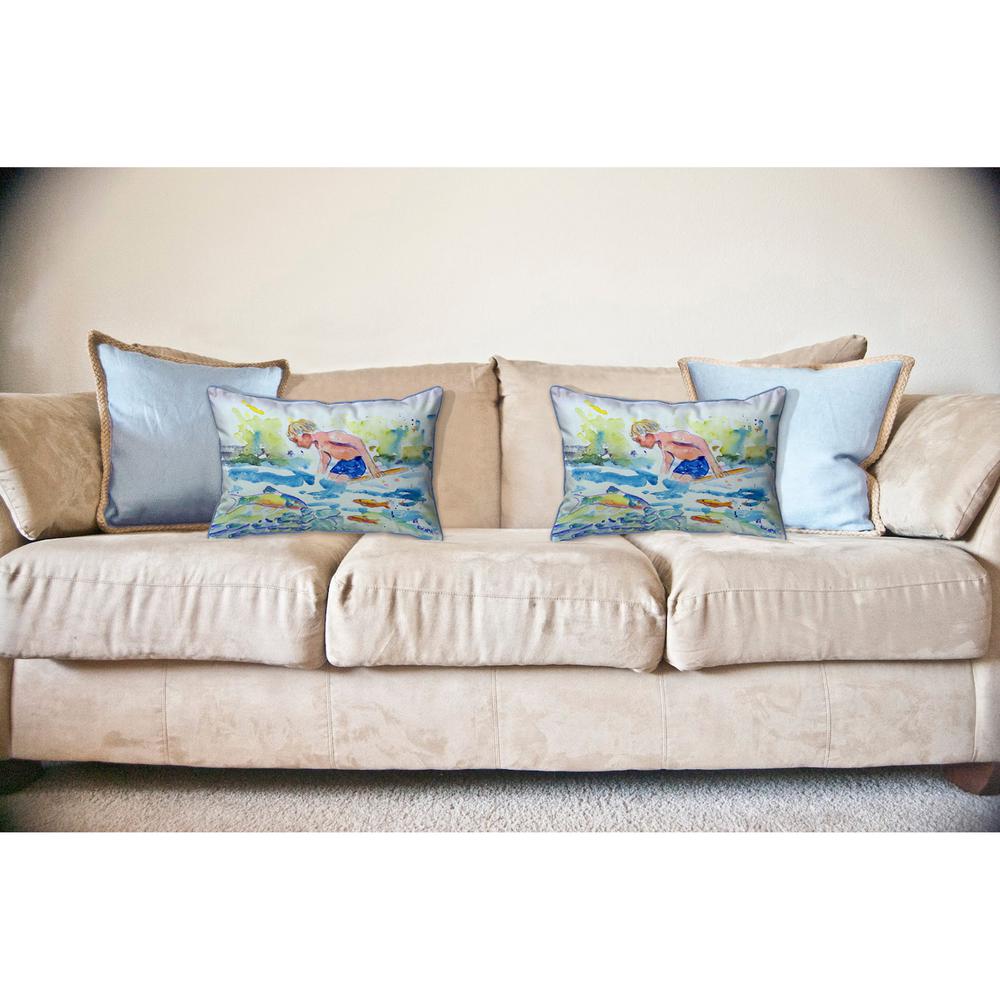 Boy & Fish Large Indoor/Outdoor Pillow 18x18. Picture 3