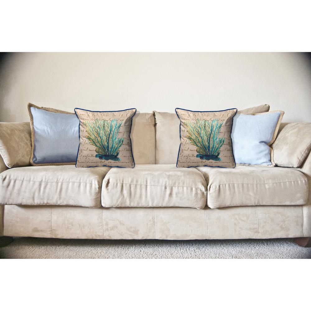 Blue Coral Beige Large Indoor/Outdoor Pillow 18x18. Picture 3