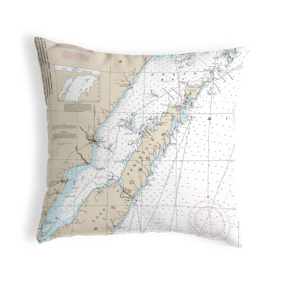 Door County, Green Bay, WI Nautical Map Noncorded Indoor/Outdoor Pillow 12x12. Picture 1