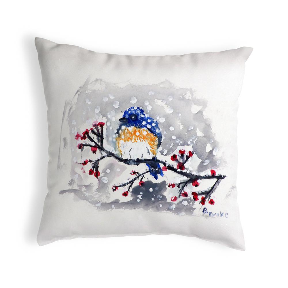 Blue Bird & Snow Small No-Cord Pillow 12x12. Picture 1