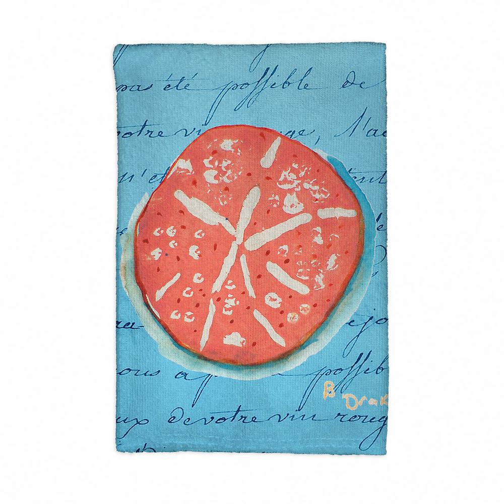 Coral Sand Dollar Blue Script Kitchen Towel. Picture 1