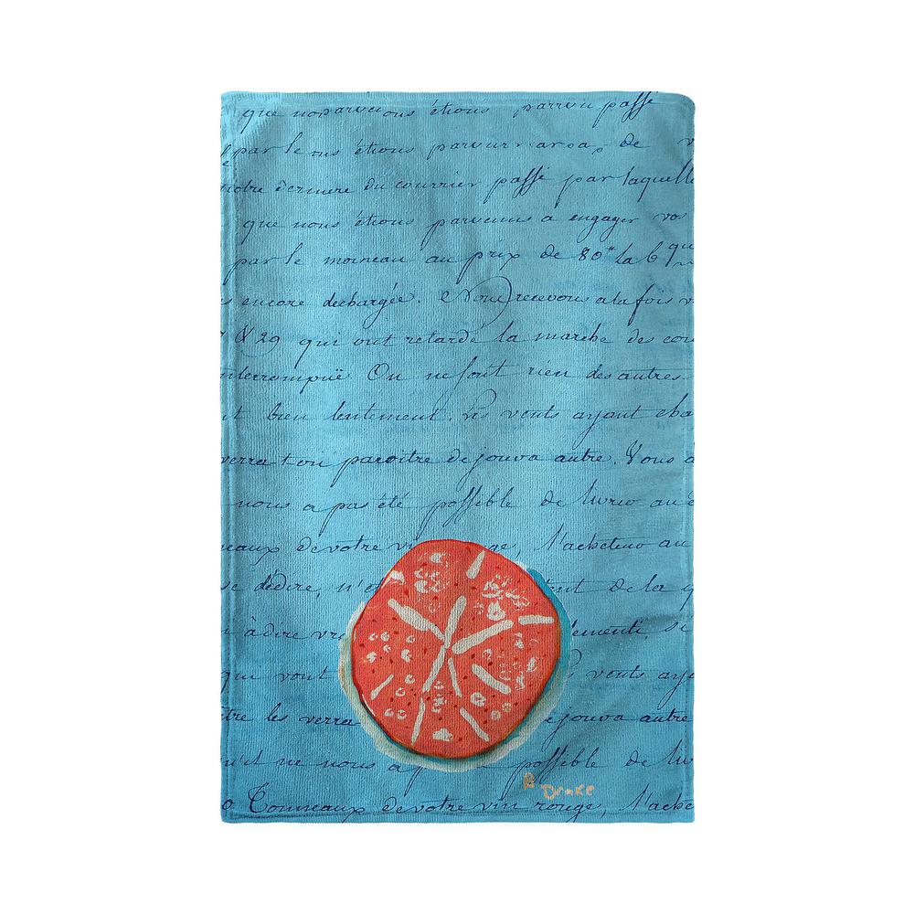 Coral Sand Dollar Blue Script Kitchen Towel. Picture 2
