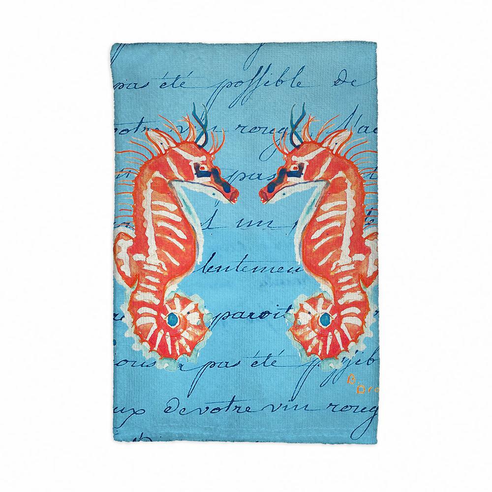 Coral Sea Horses Blue Script Kitchen Towel. Picture 1