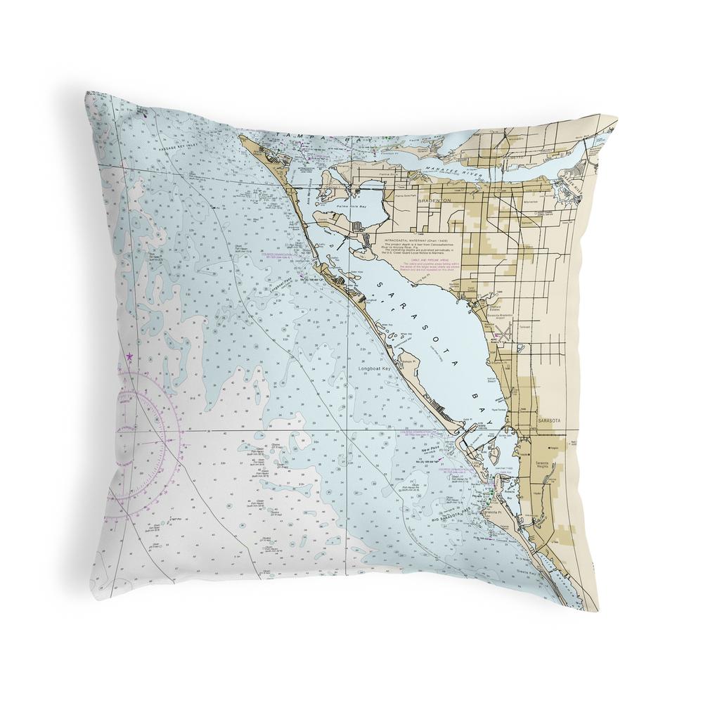 Sarasota Bay, FL Nautical Map Noncorded Indoor/Outdoor Pillow 18x18. Picture 1