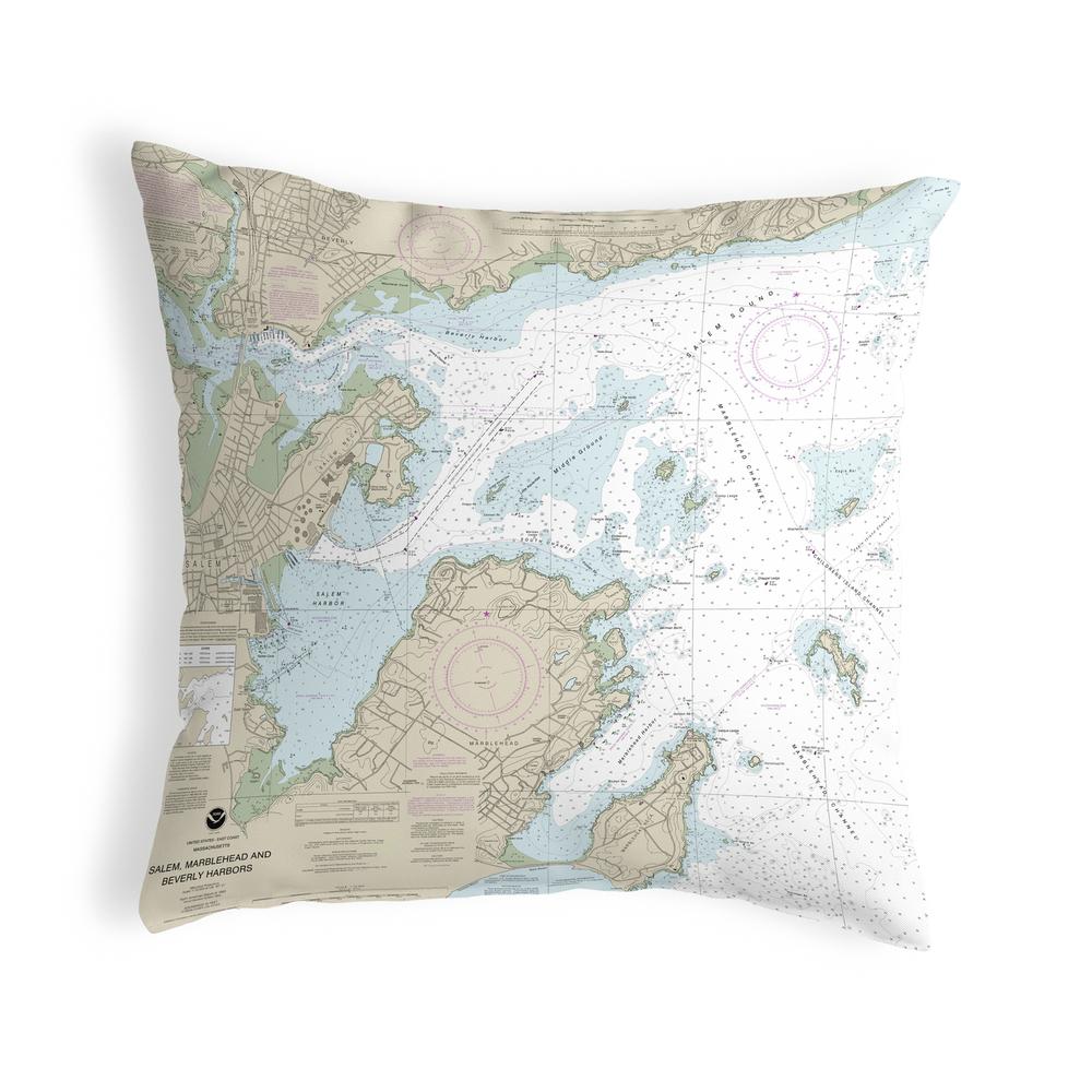Salem, Marblehead and Beverly Harbors, MA Nautical Map Noncorded Indoor/Outdoor Pillow 18x18. Picture 1