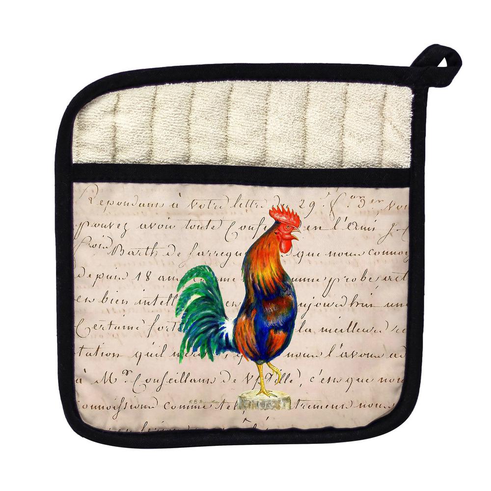 Blue Rooster Beige Script Pot Holder. Picture 1