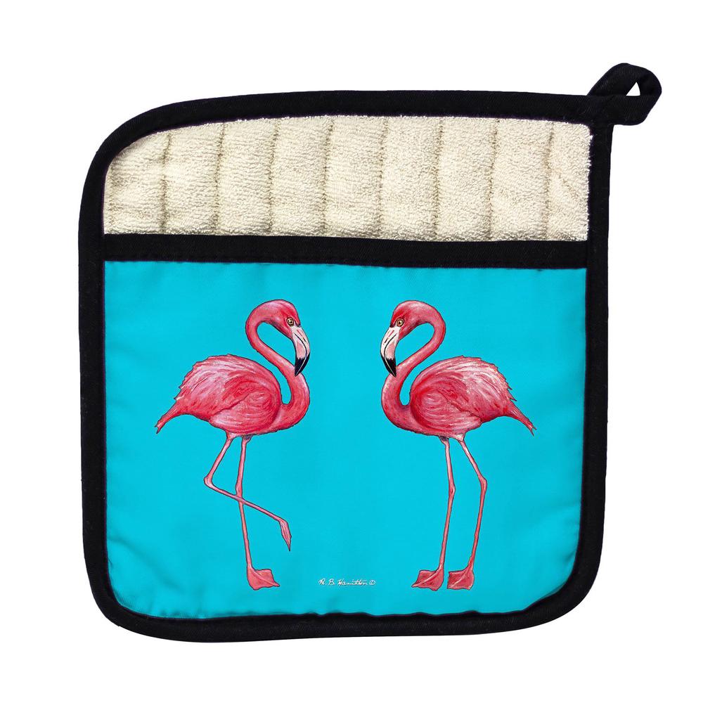 Flamingos on Turquoise Pot Holder. Picture 1