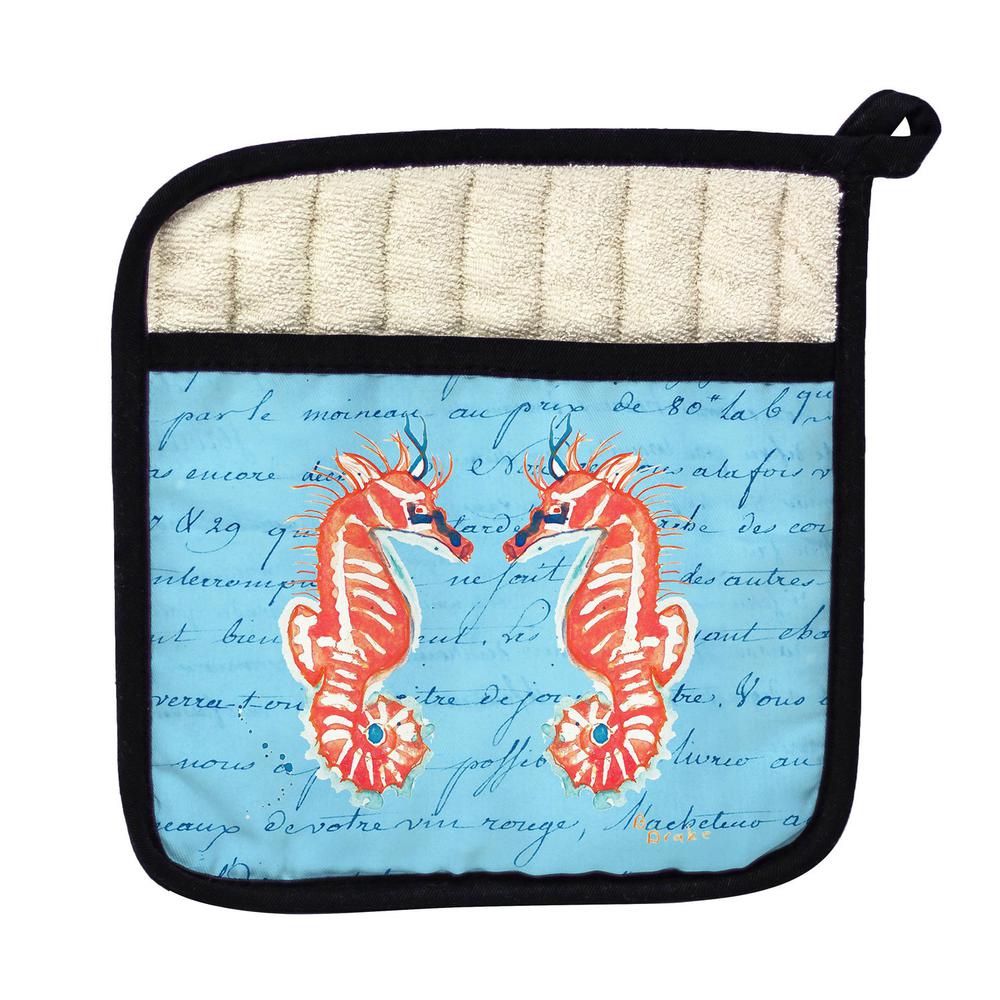 Coral Sea Horses Blue Pot Holder. Picture 1