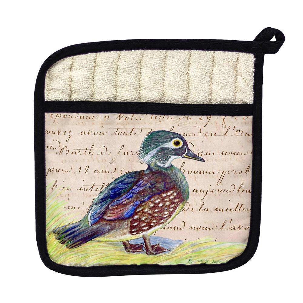 Female Wood Duck Beige Script Pot Holder. Picture 1