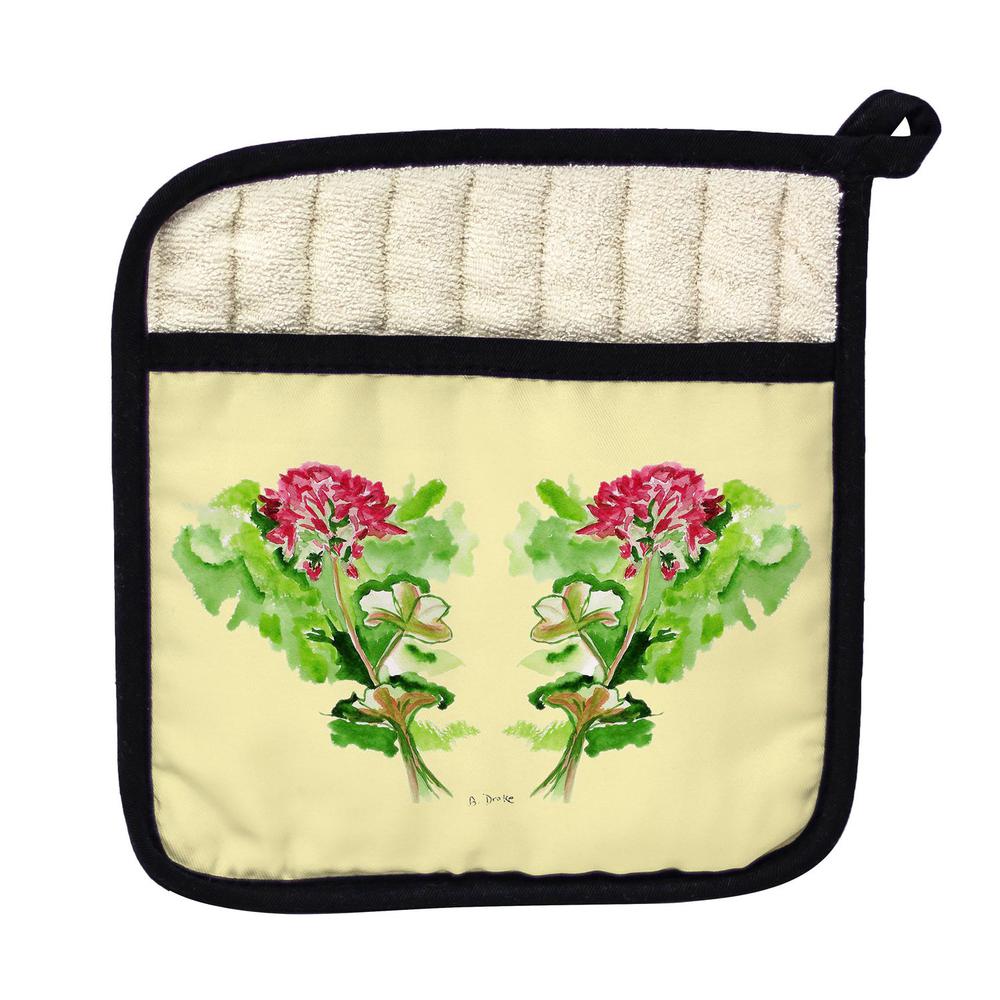 Geraniums on Yellow Pot Holder. Picture 1