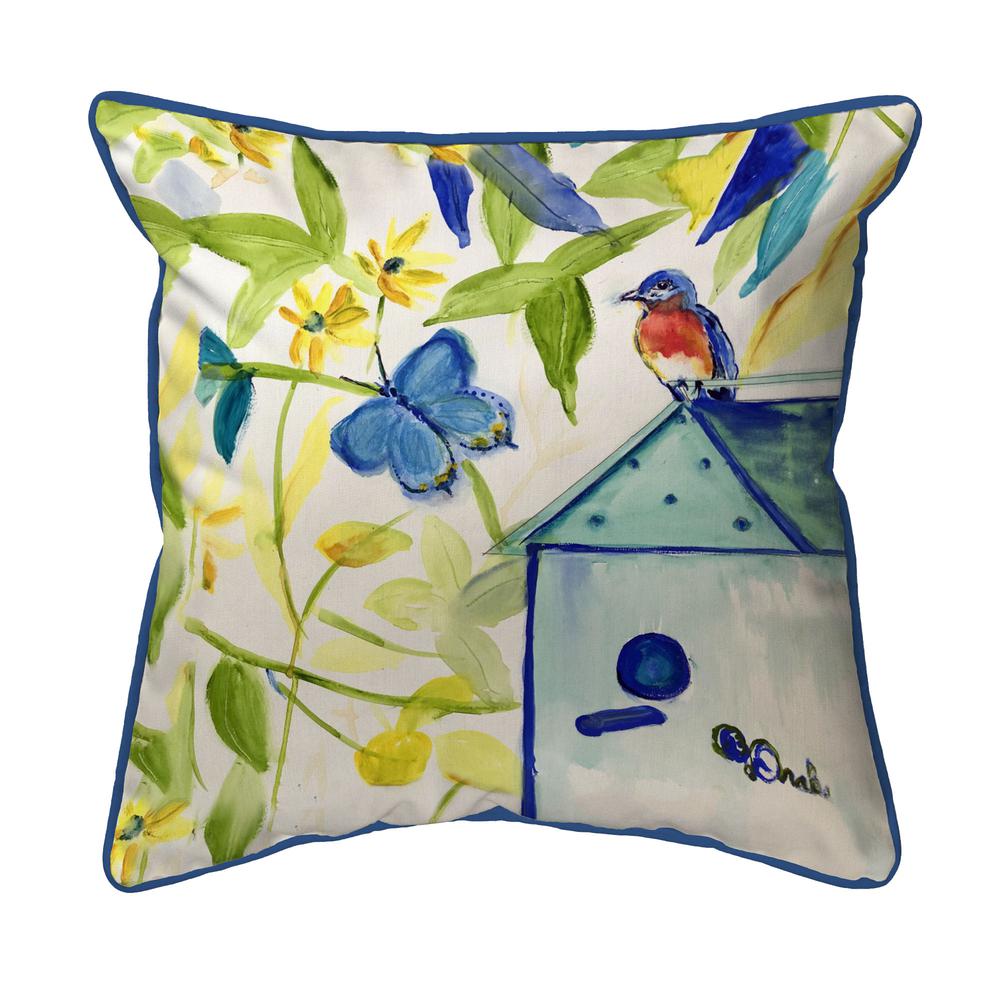 Blue Bird House Small Indoor/Outdoor Pillow 12x12. Picture 1