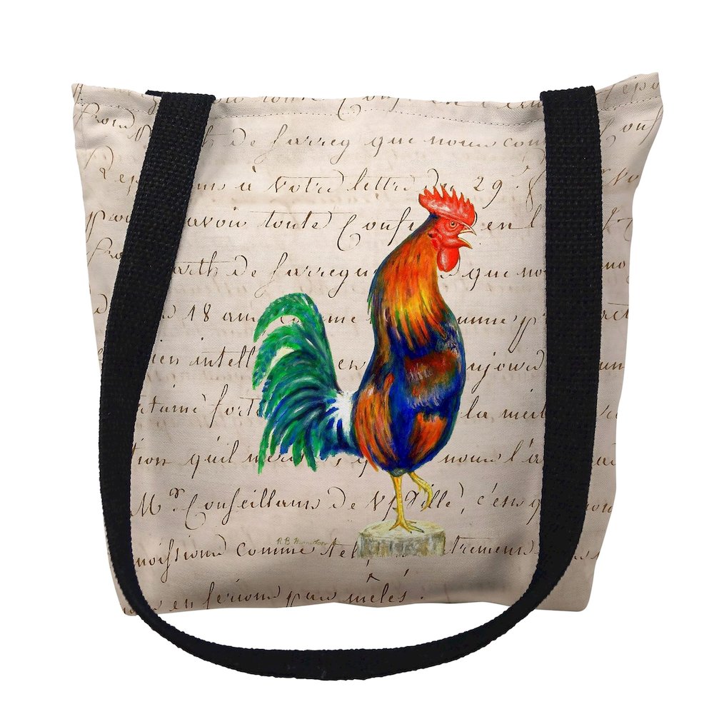 Blue Rooster Beige Script Medium Tote Bag 16x16. Picture 1