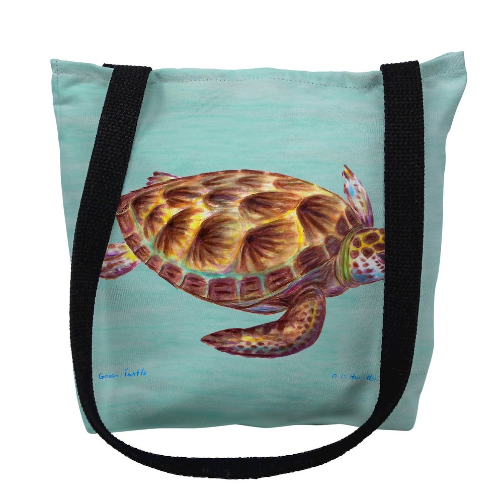Green Sea Turtle on Aqua Small Tote Bag 13x13. Picture 1