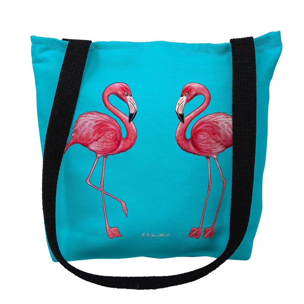Flamingos on Turquoise Large Tote Bag 18x18. Picture 1