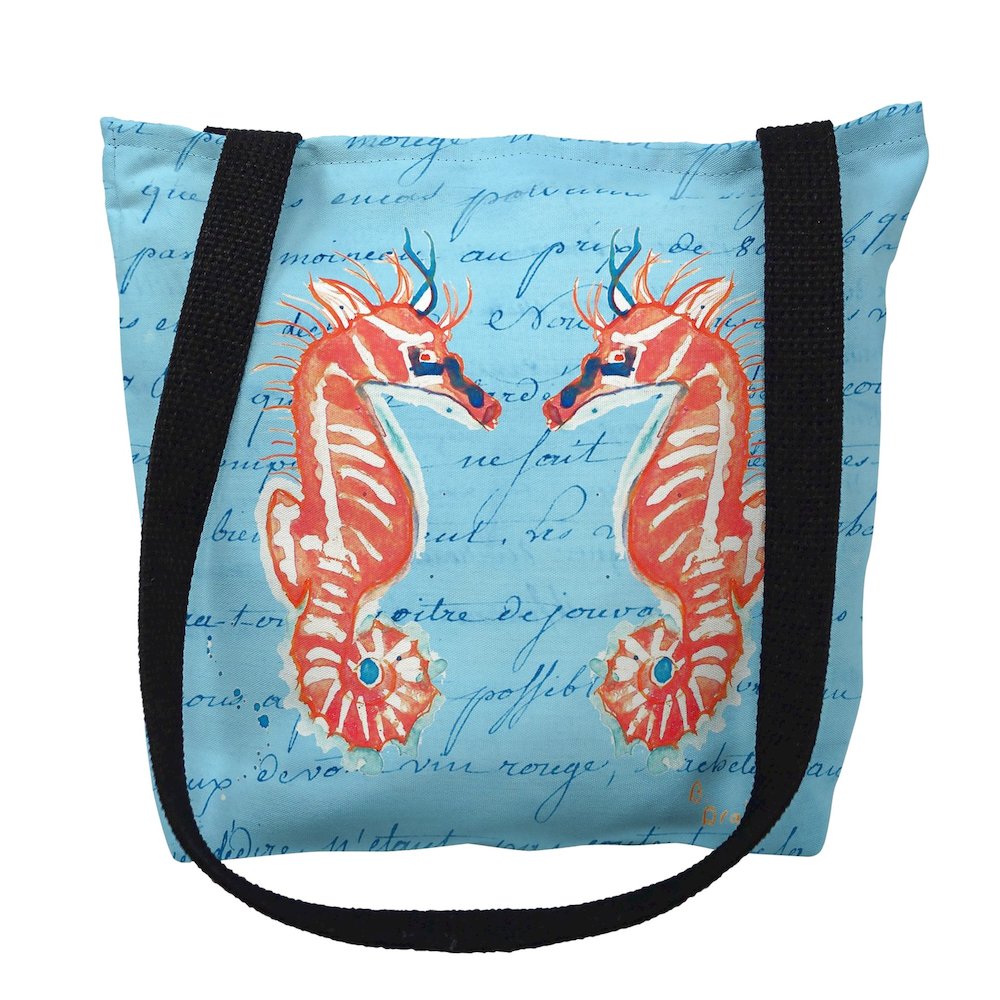 Coral Sea Horses Blue Script Medium Tote Bag 16x16. Picture 1