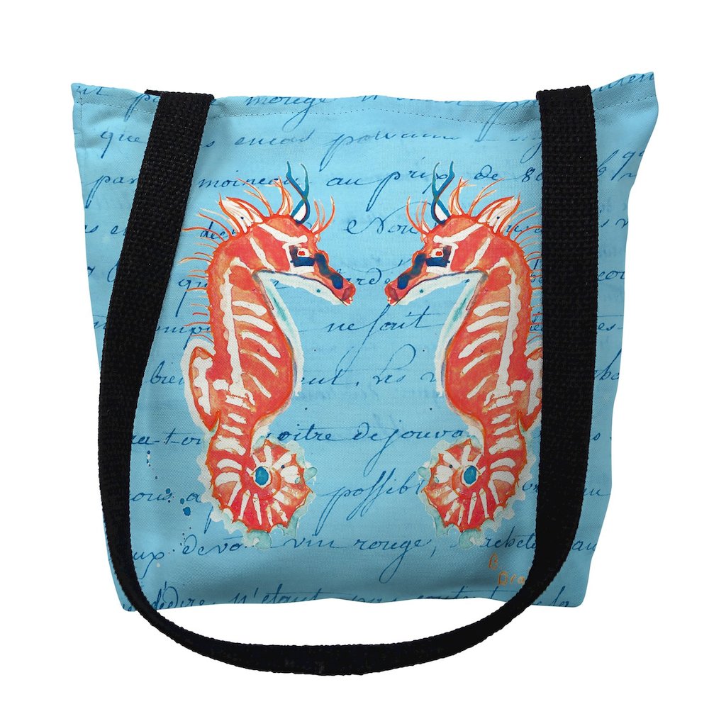 Coral Sea Horses Blue Script Small Tote Bag 13x13. Picture 1