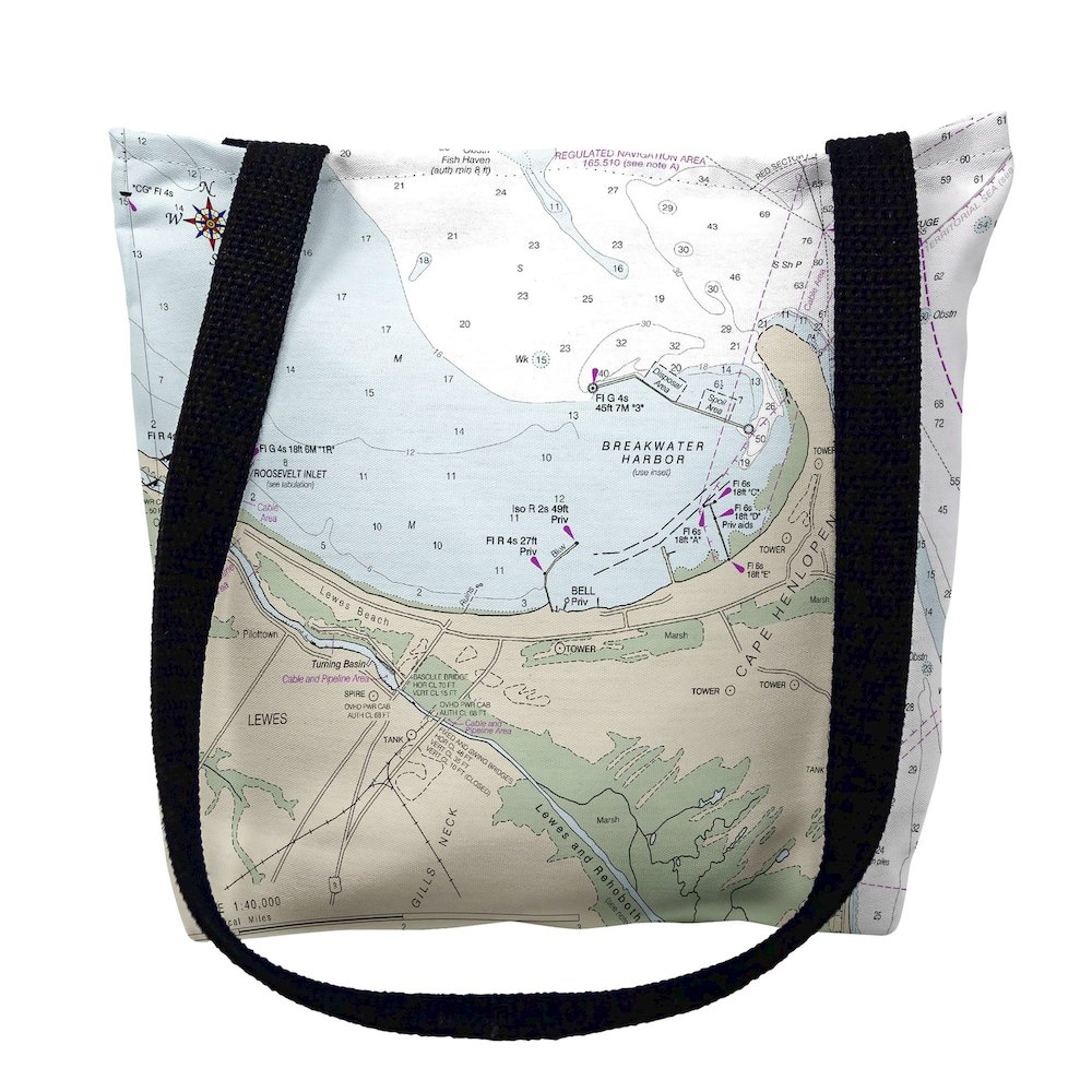 Lewes, DE Nautical Map Medium Tote Bag 16x16. Picture 1