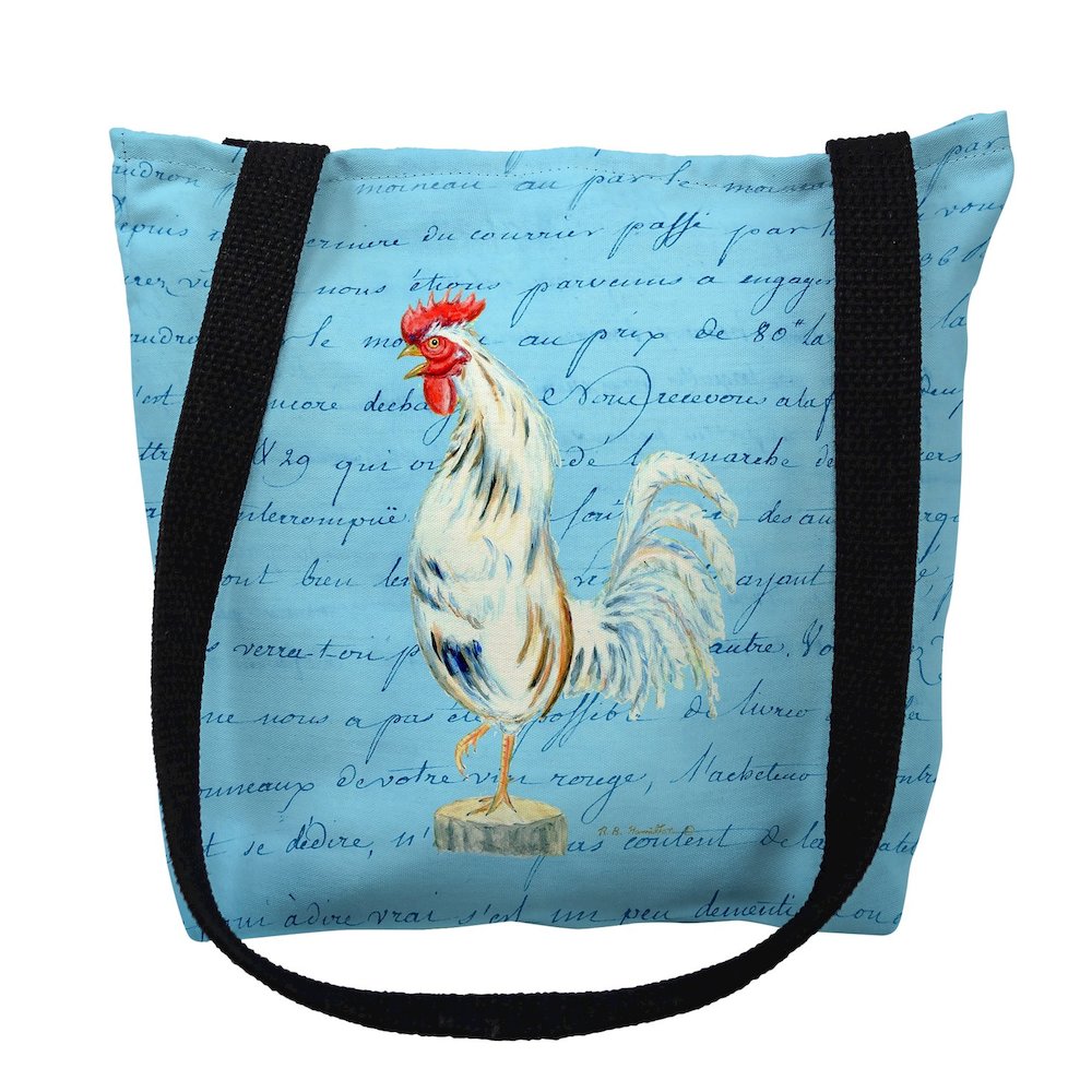White Rooster Blue Script Large Tote Bag 18x18. Picture 1