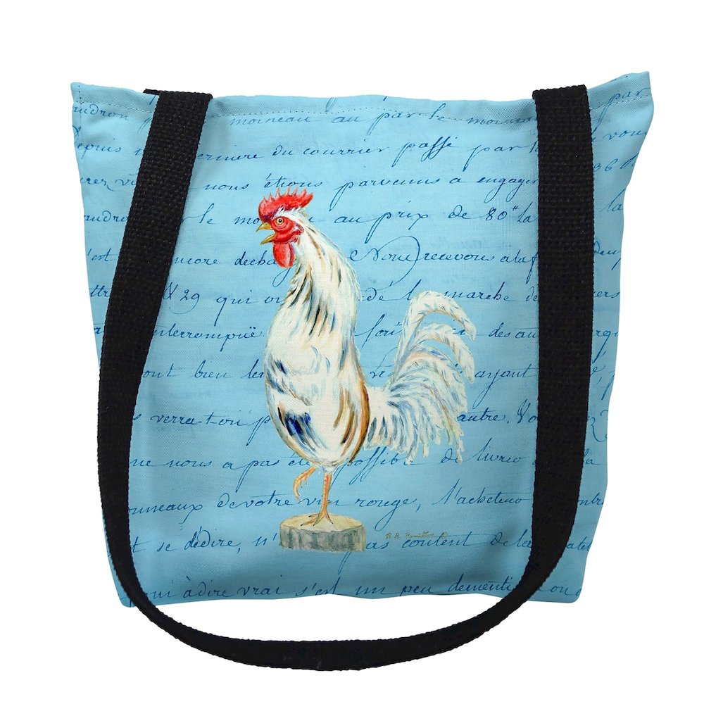 White Rooster Blue Script Medium Tote Bag 16x16. Picture 1
