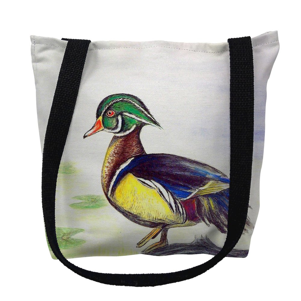 Male Wood Duck Beige Script Small Tote Bag 13x13. Picture 1