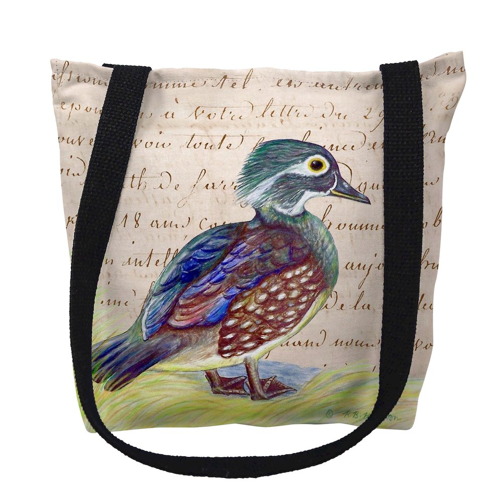 Female Wood Duck Beige Script Medium Tote Bag 16x16. Picture 1