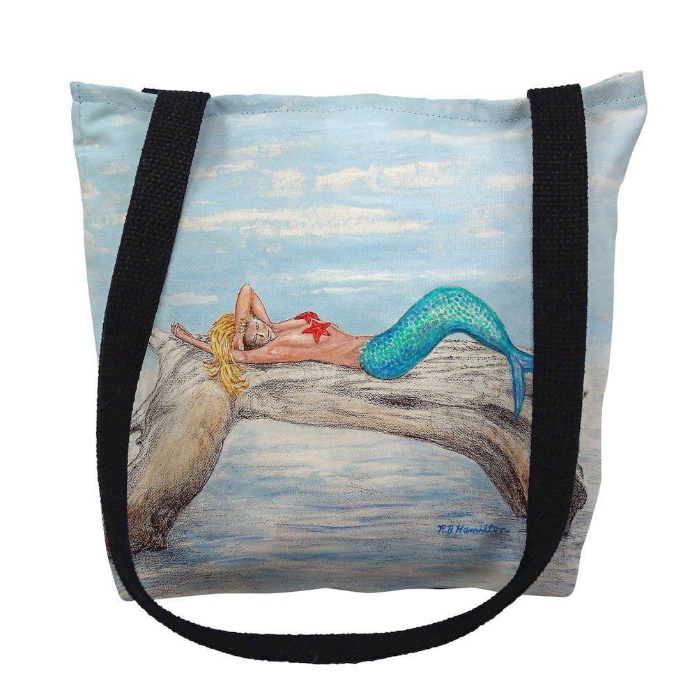 Mermaid on Log Left Medium Tote Bag 16x16. Picture 1